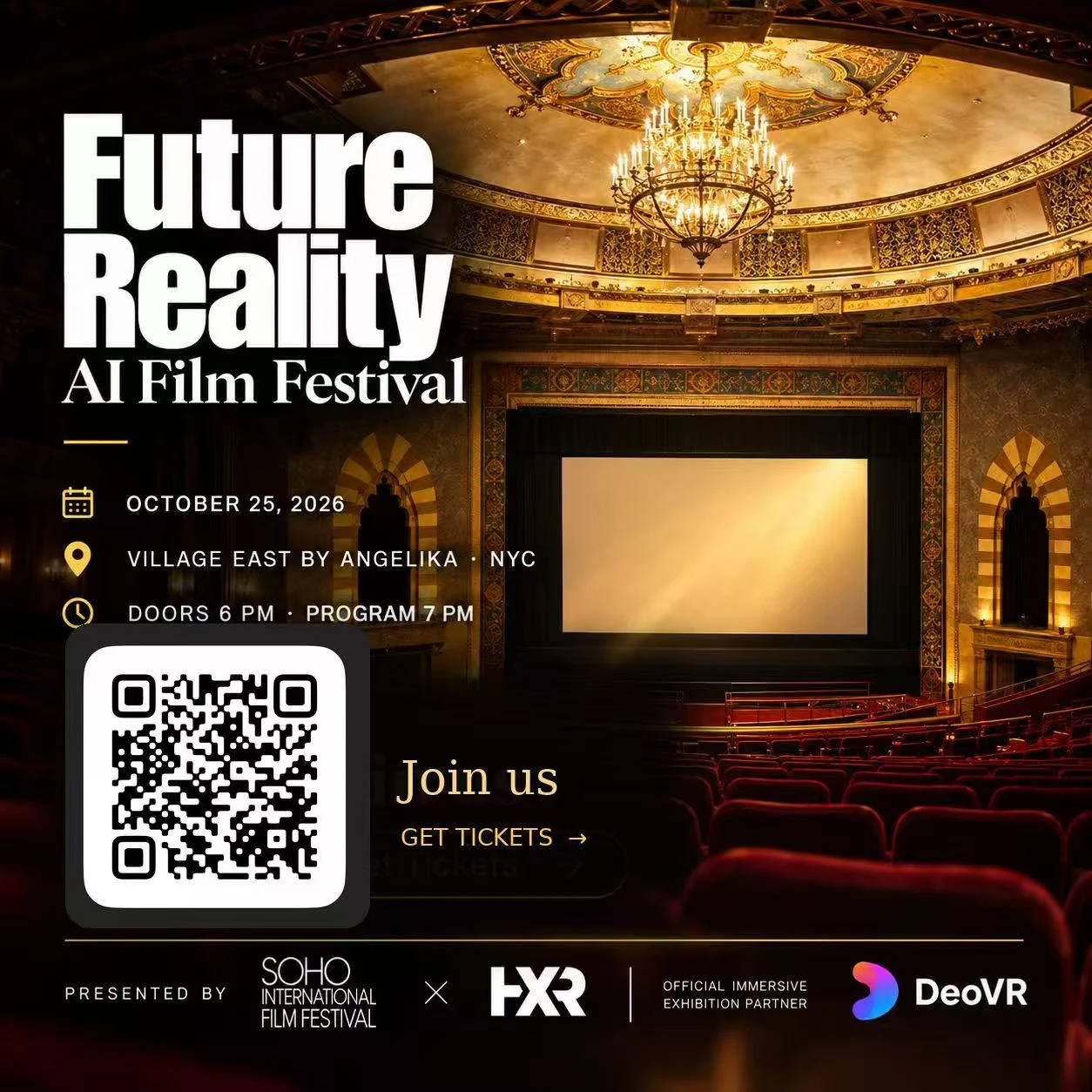 Future Reality AI Film Festival promotional image of the Village East by Angelika screening event